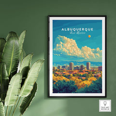 Albuquerque Travel Print showcasing the vibrant skyline and colorful clouds of Albuquerque, New Mexico.