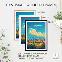 Albuquerque Travel Print showcased in handmade wooden frames: natural, white, and black options.