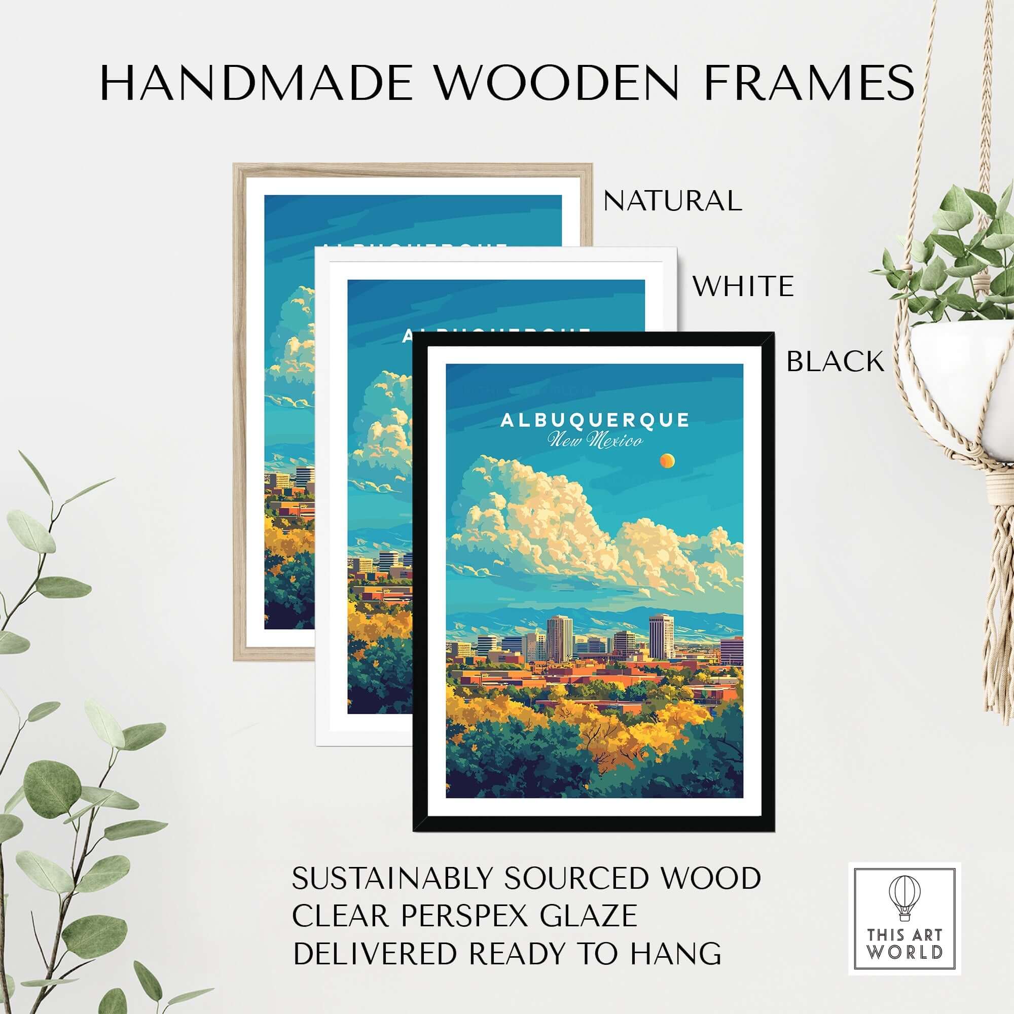 Albuquerque Travel Print showcased in handmade wooden frames: natural, white, and black options.