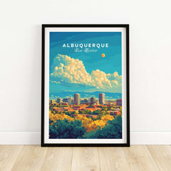 Albuquerque Travel Print featuring vibrant cityscape and clouds over Albuquerque, New Mexico.