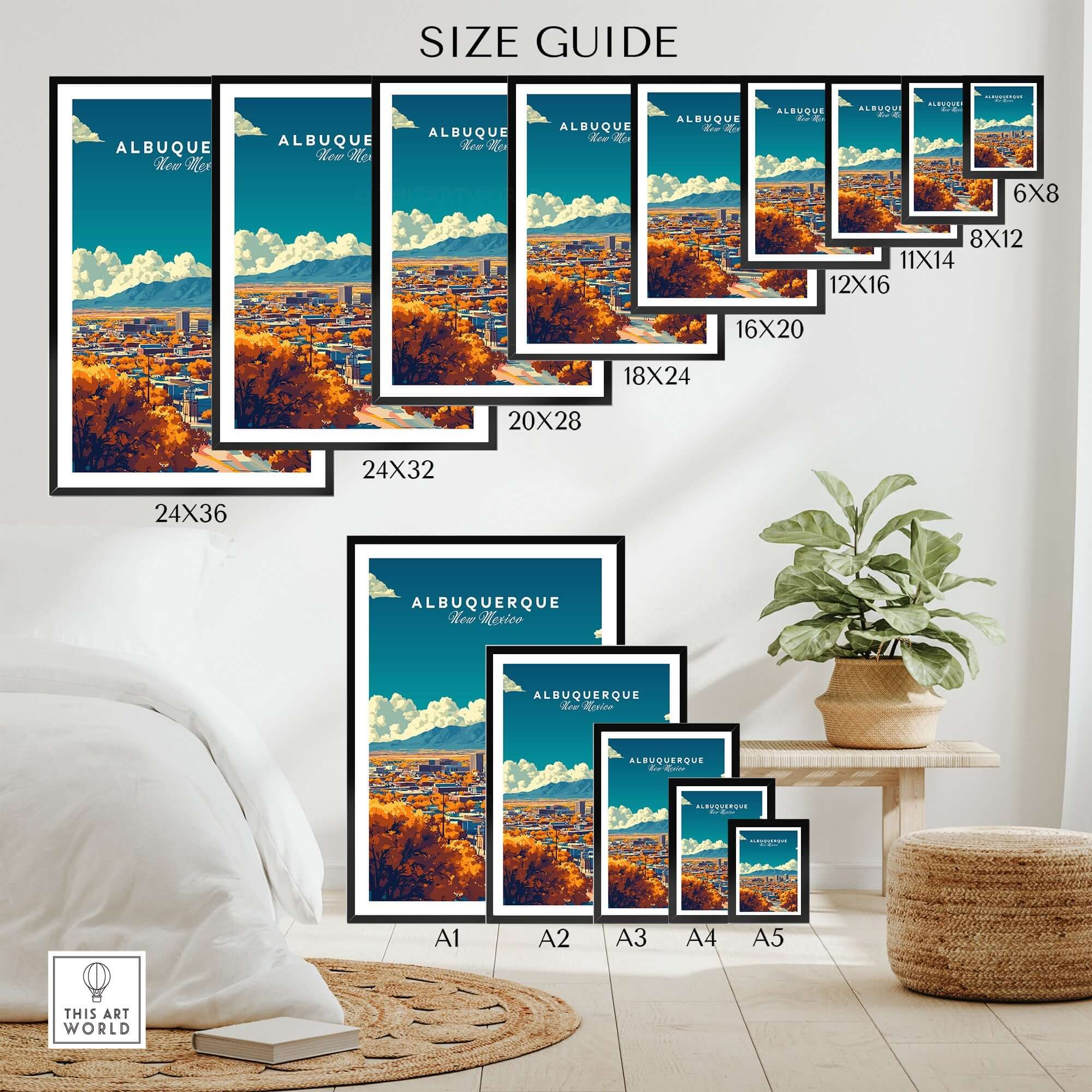 Size guide for Albuquerque Wall Art including various dimensions and framing options.