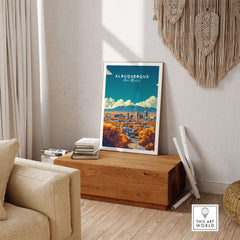 Albuquerque Wall Art displayed in a stylish living room, showcasing the beauty of Albuquerque, New Mexico.