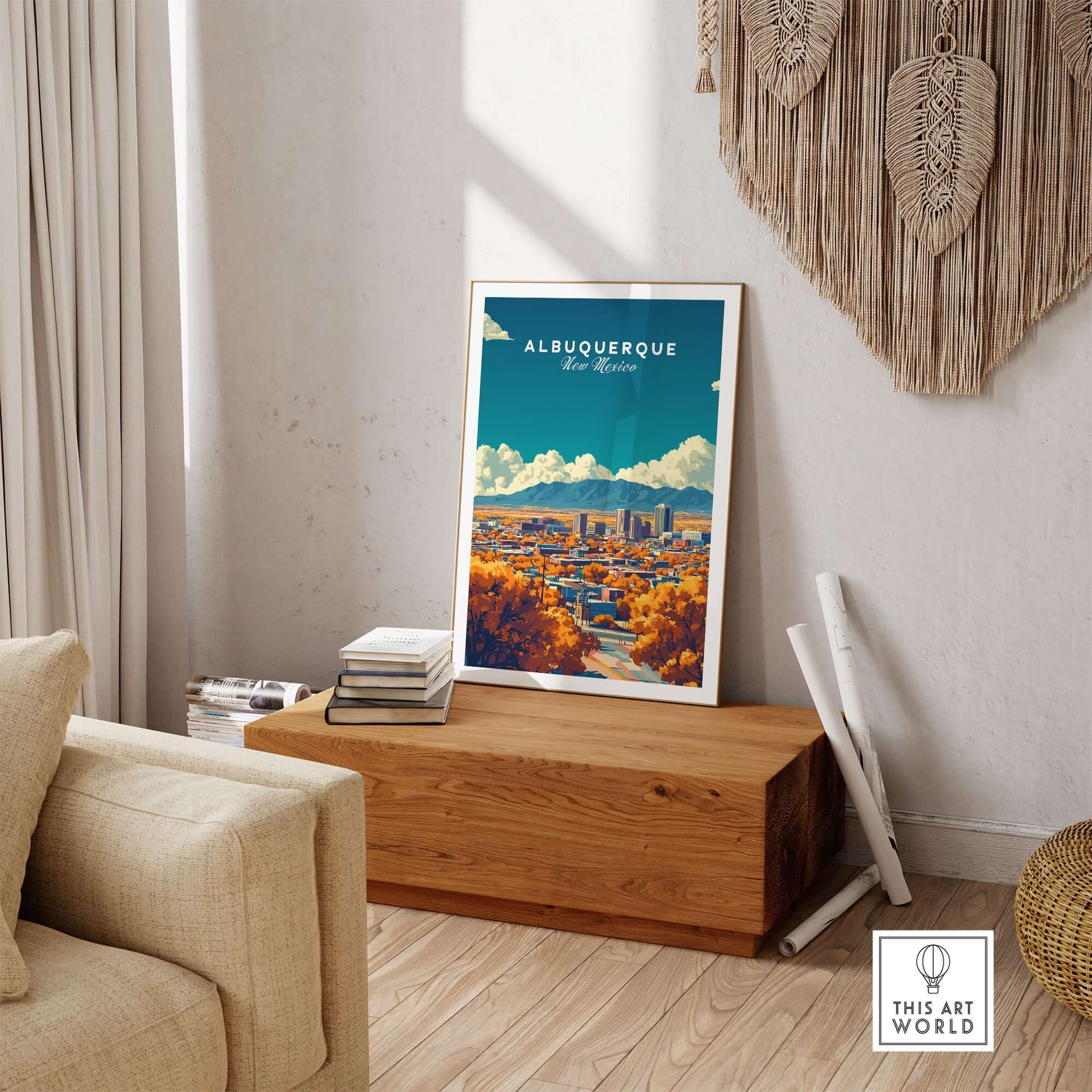 Albuquerque Wall Art displayed in a stylish living room, showcasing the beauty of Albuquerque, New Mexico.