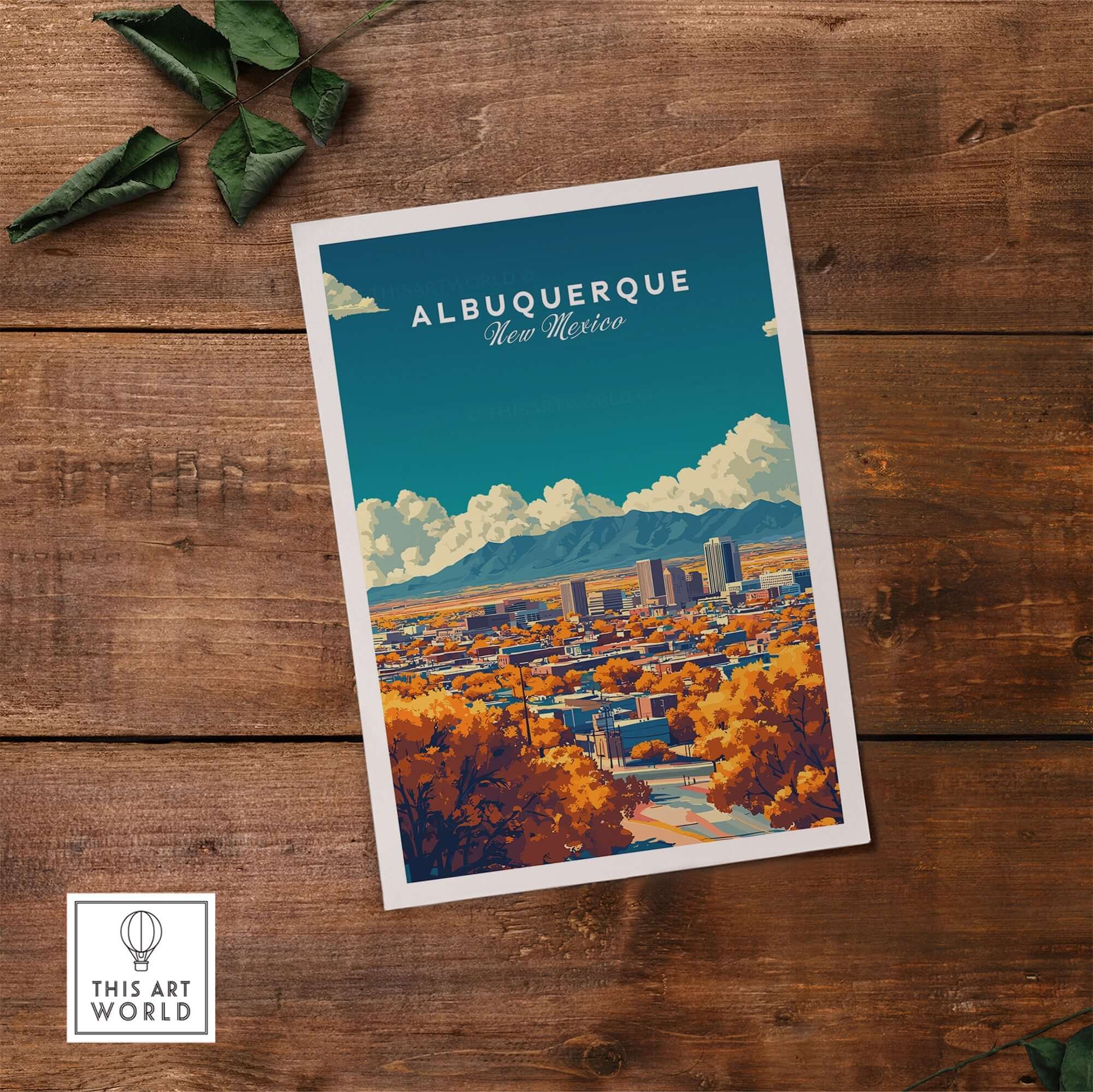 Albuquerque Wall Art featuring a vibrant cityscape of Albuquerque, New Mexico, against a colorful sky.