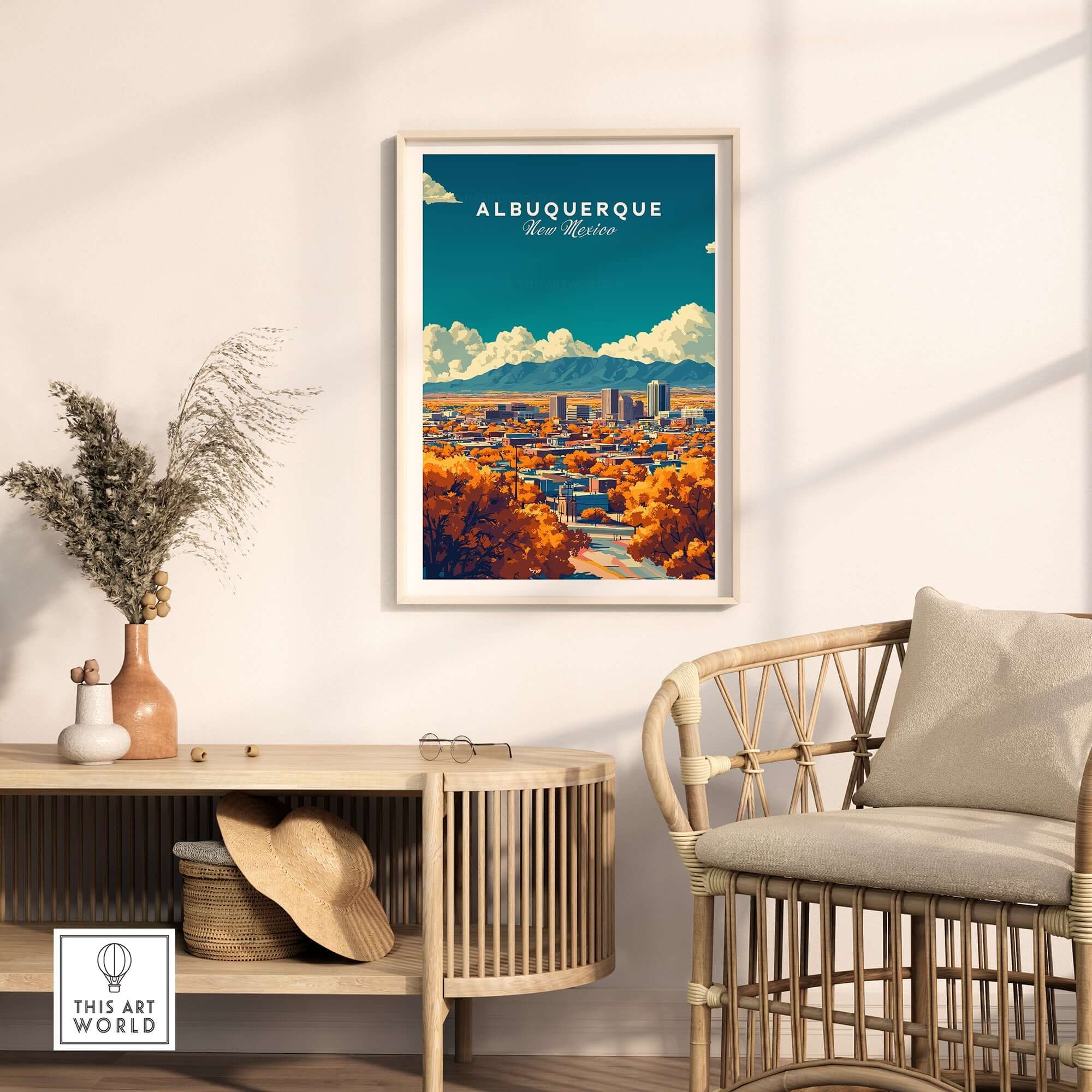 Albuquerque Wall Art featuring vibrant cityscape and mountains, perfect for enhancing home decor.