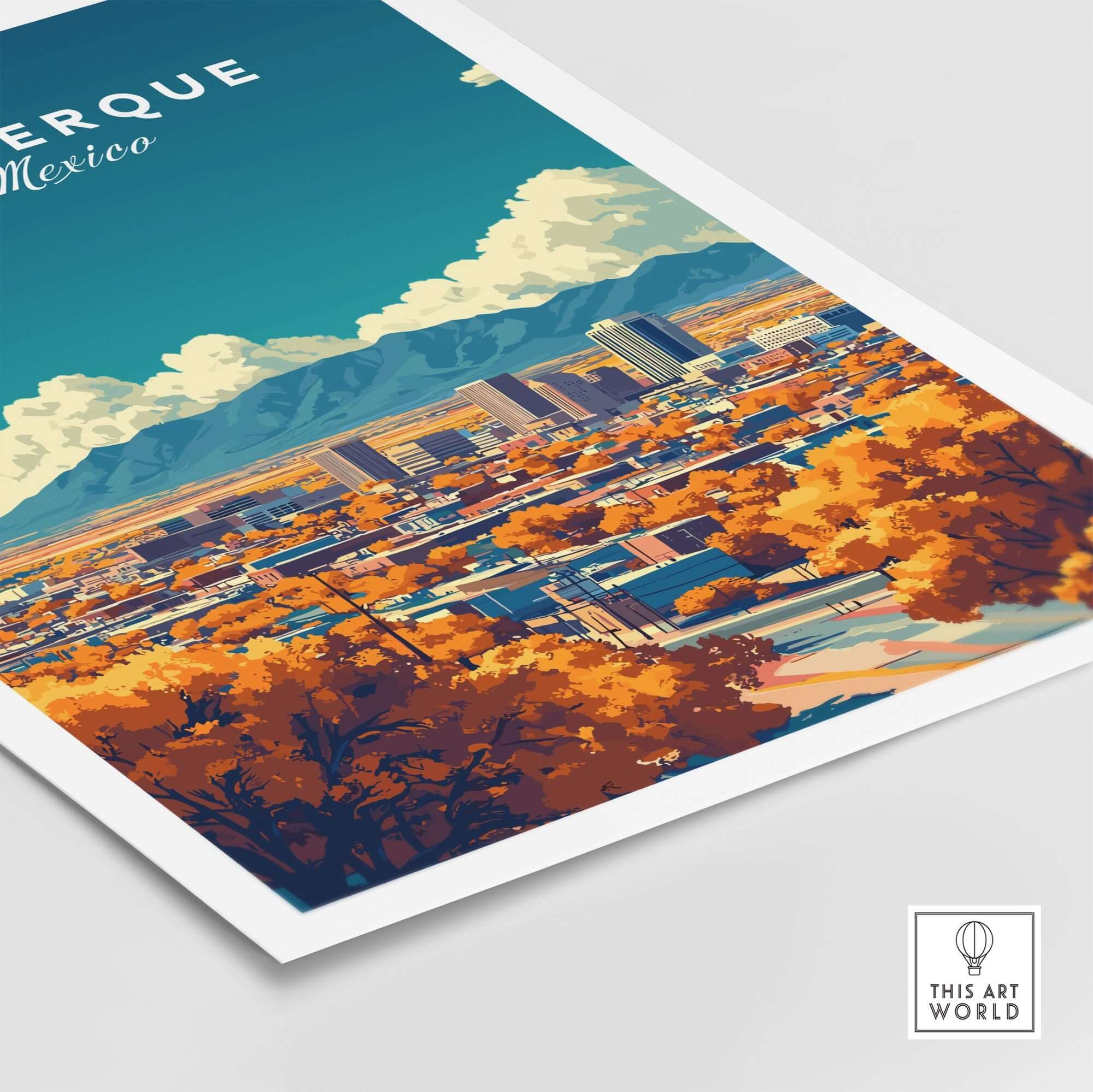 Albuquerque Wall Art showcasing a vibrant view of the city with colorful autumn foliage and scenic mountains.