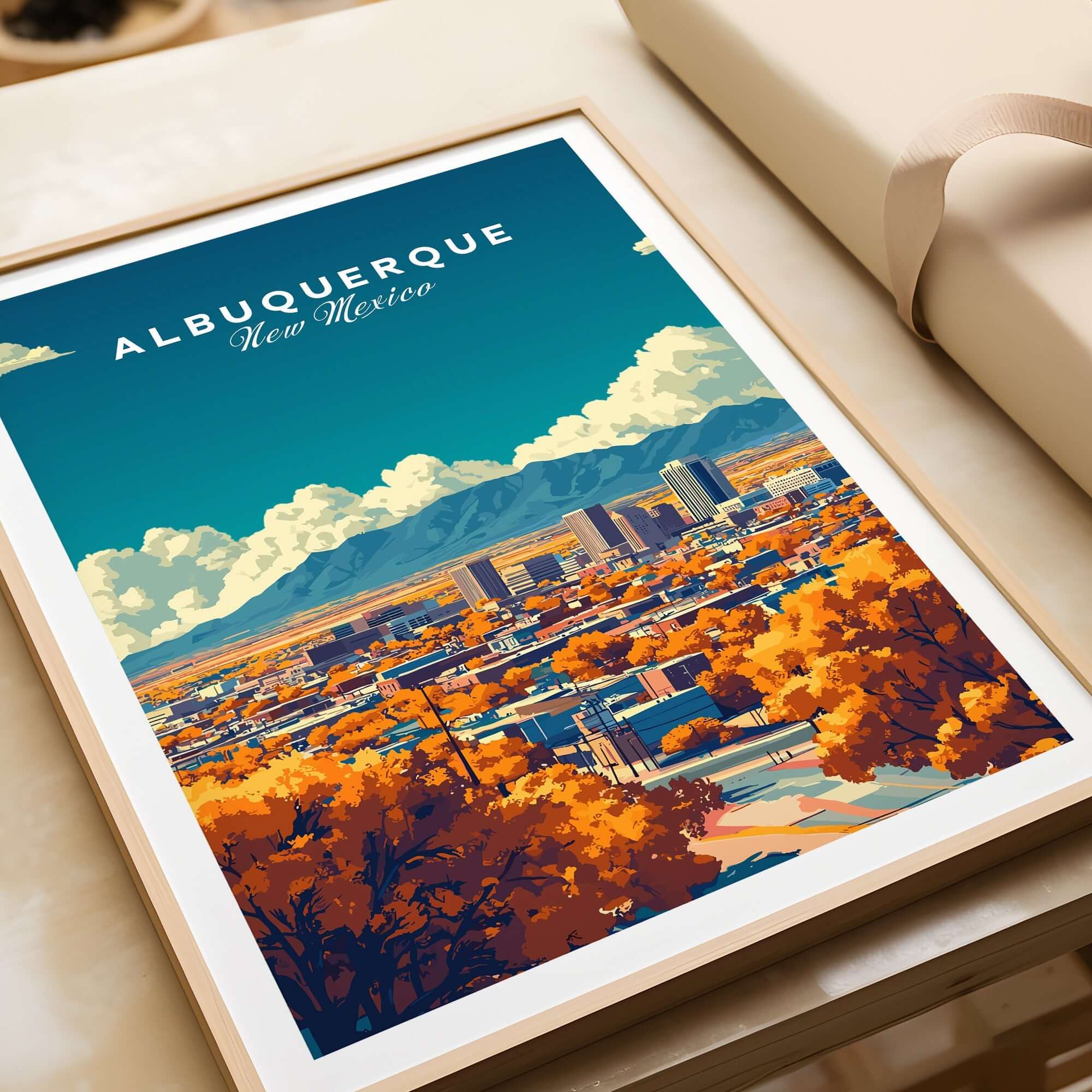 Albuquerque Wall Art featuring a colorful cityscape of Albuquerque, New Mexico with vibrant autumn trees.