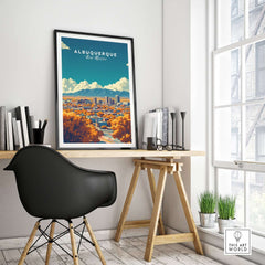 Albuquerque Wall Art displayed on a minimalist desk, highlighting the beauty of Albuquerque in vibrant colors.