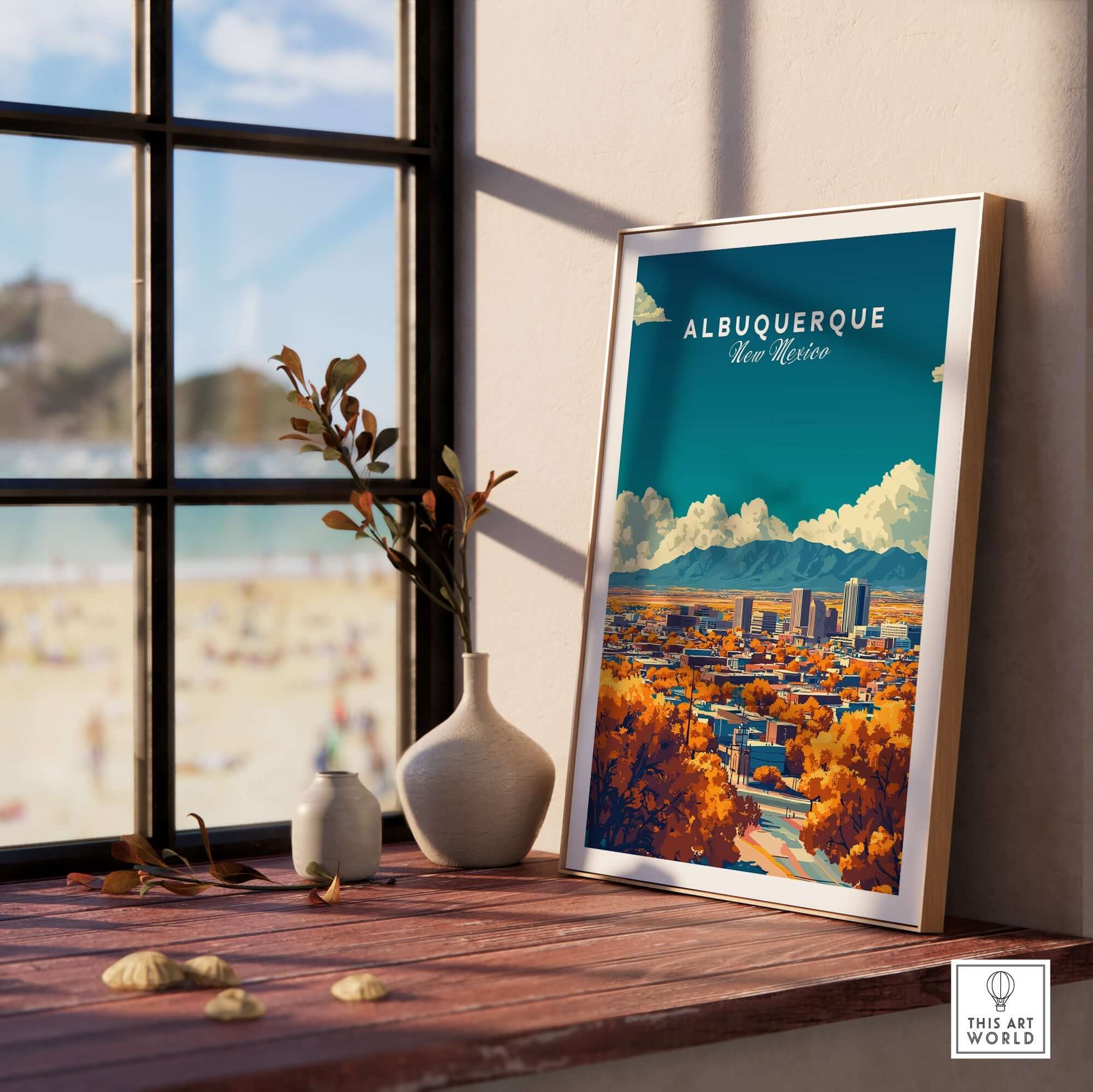 Albuquerque Wall Art displayed in a stylish interior, showcasing the city's vibrant beauty and charm.