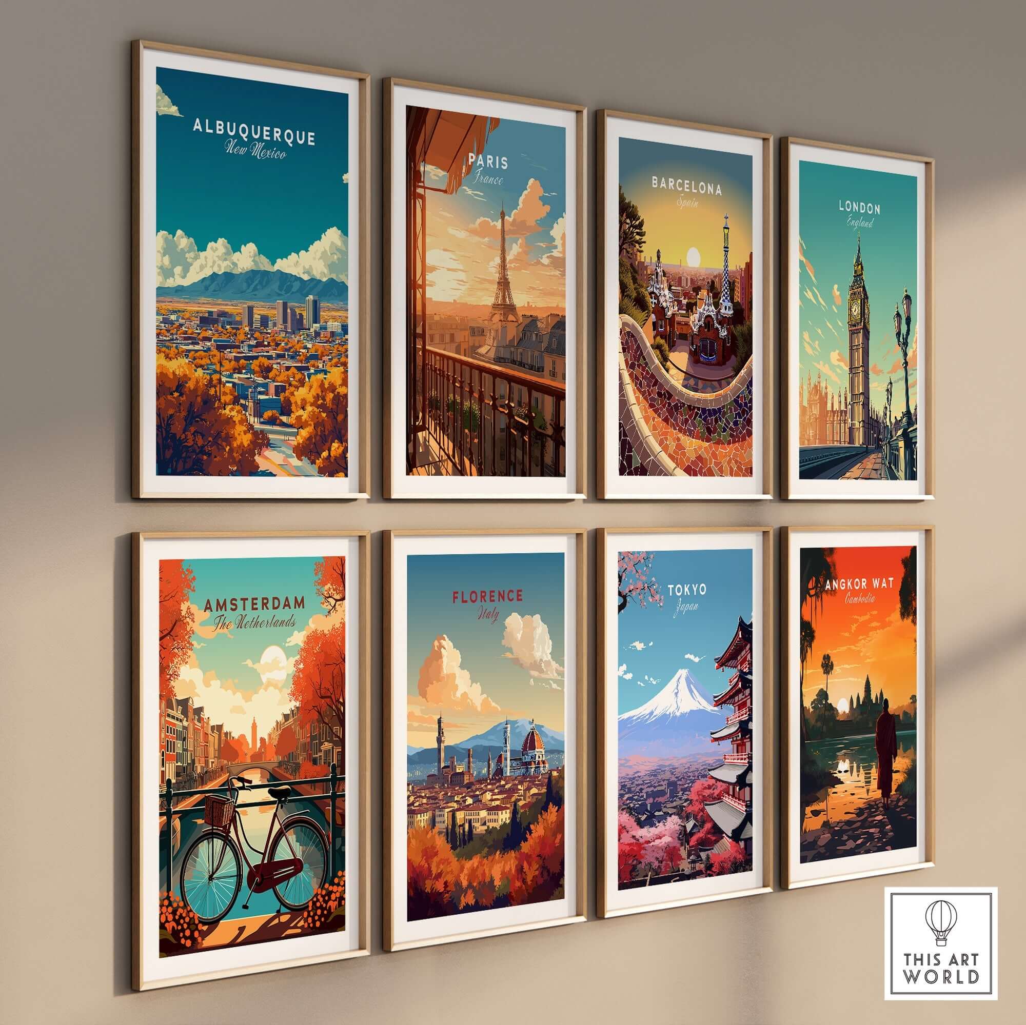 Colorful framed Albuquerque Wall Art and city posters showcasing global landmarks on a stylish wall.