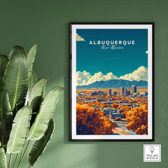 Albuquerque Wall Art featuring a vibrant landscape of the city with mountains under a blue sky.