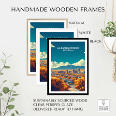 Albuquerque Wall Art framed in handmade wooden frames in natural, white, and black finishes.