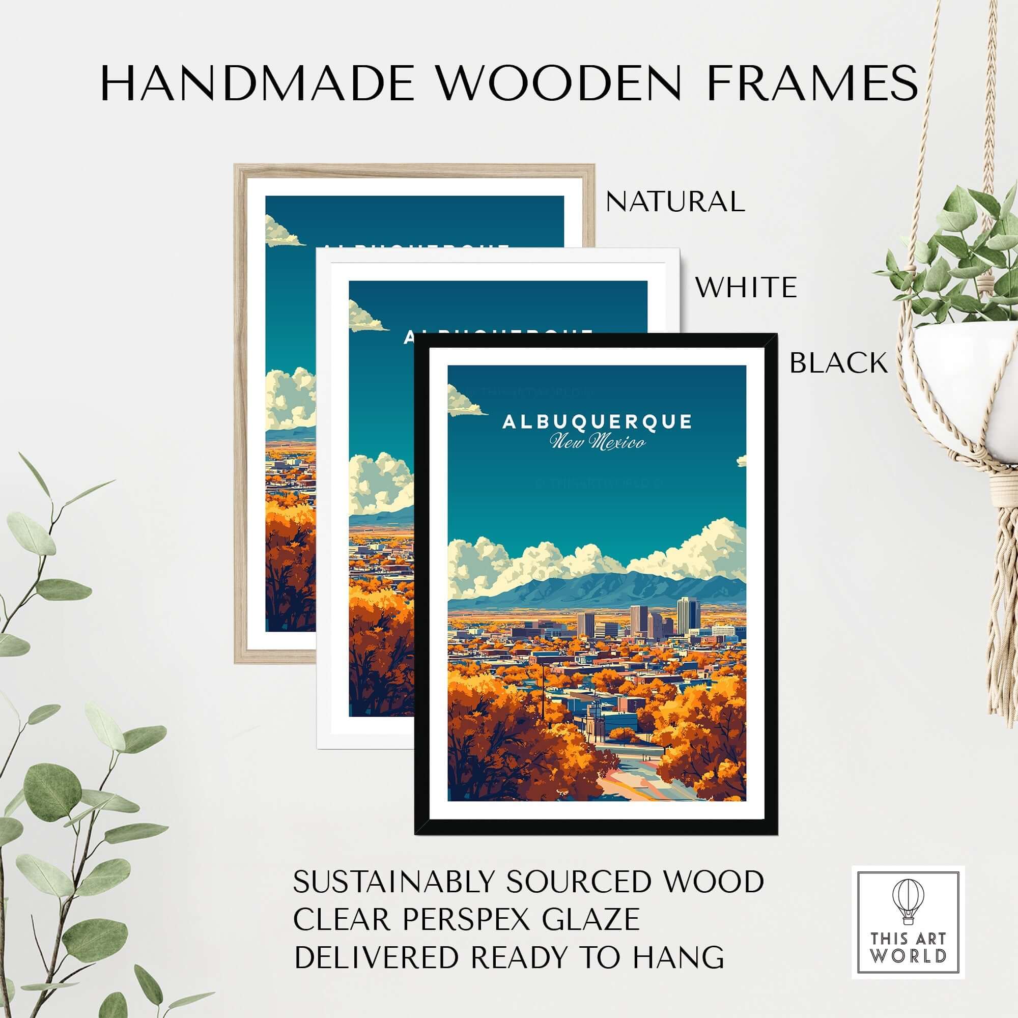 Albuquerque Wall Art framed in handmade wooden frames in natural, white, and black finishes.