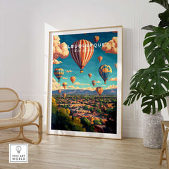 Albuquerque Wall Art Poster featuring vibrant hot air balloons over the cityscape, adding artistic flair to your home.