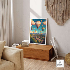 Albuquerque Wall Art Poster featuring vibrant hot air balloons and a stunning view of the city in a stylish living room setting.