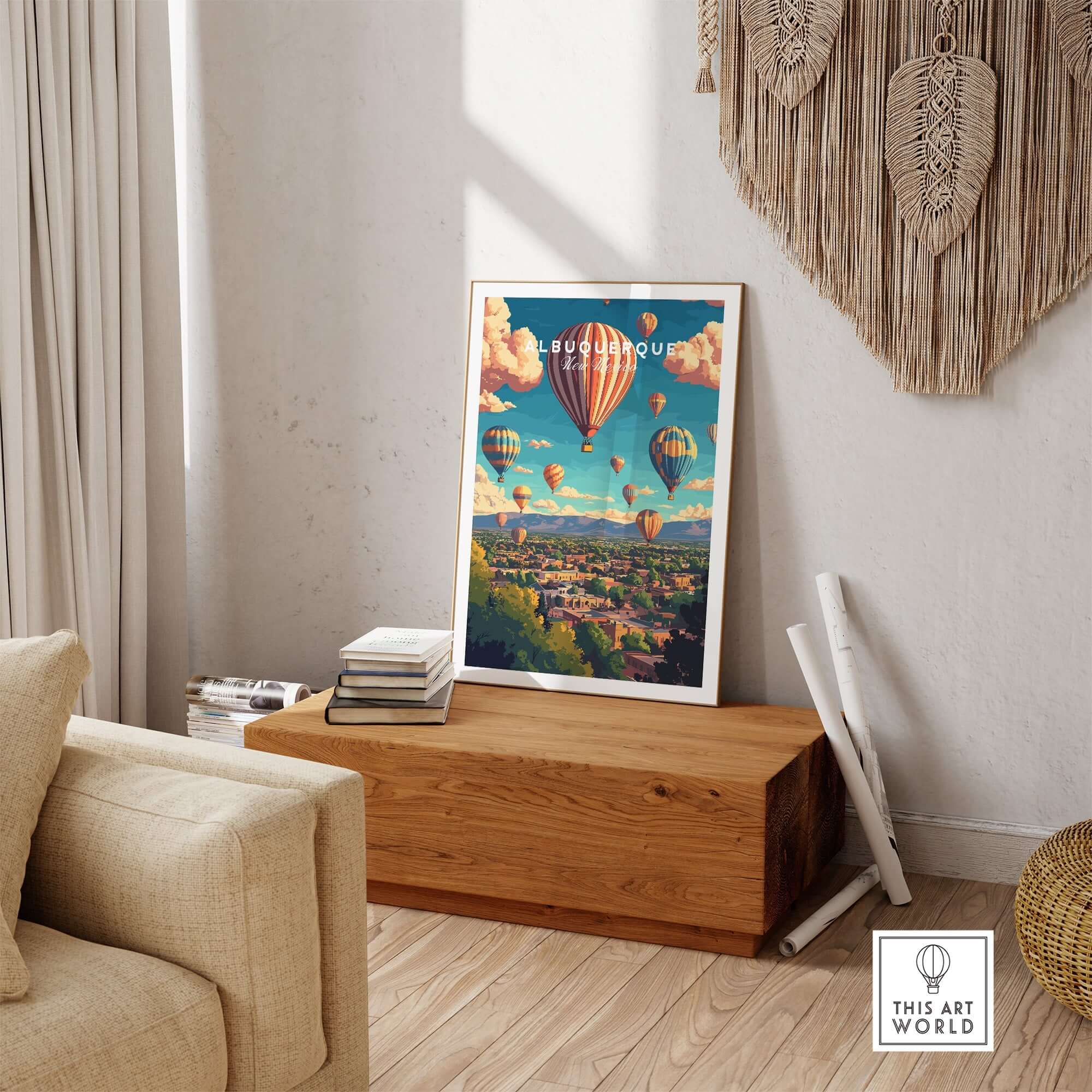 Albuquerque Wall Art Poster featuring vibrant hot air balloons and a stunning view of the city in a stylish living room setting.