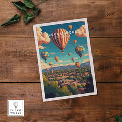 Albuquerque Wall Art Poster featuring colorful hot air balloons over the city, perfect for home decor.