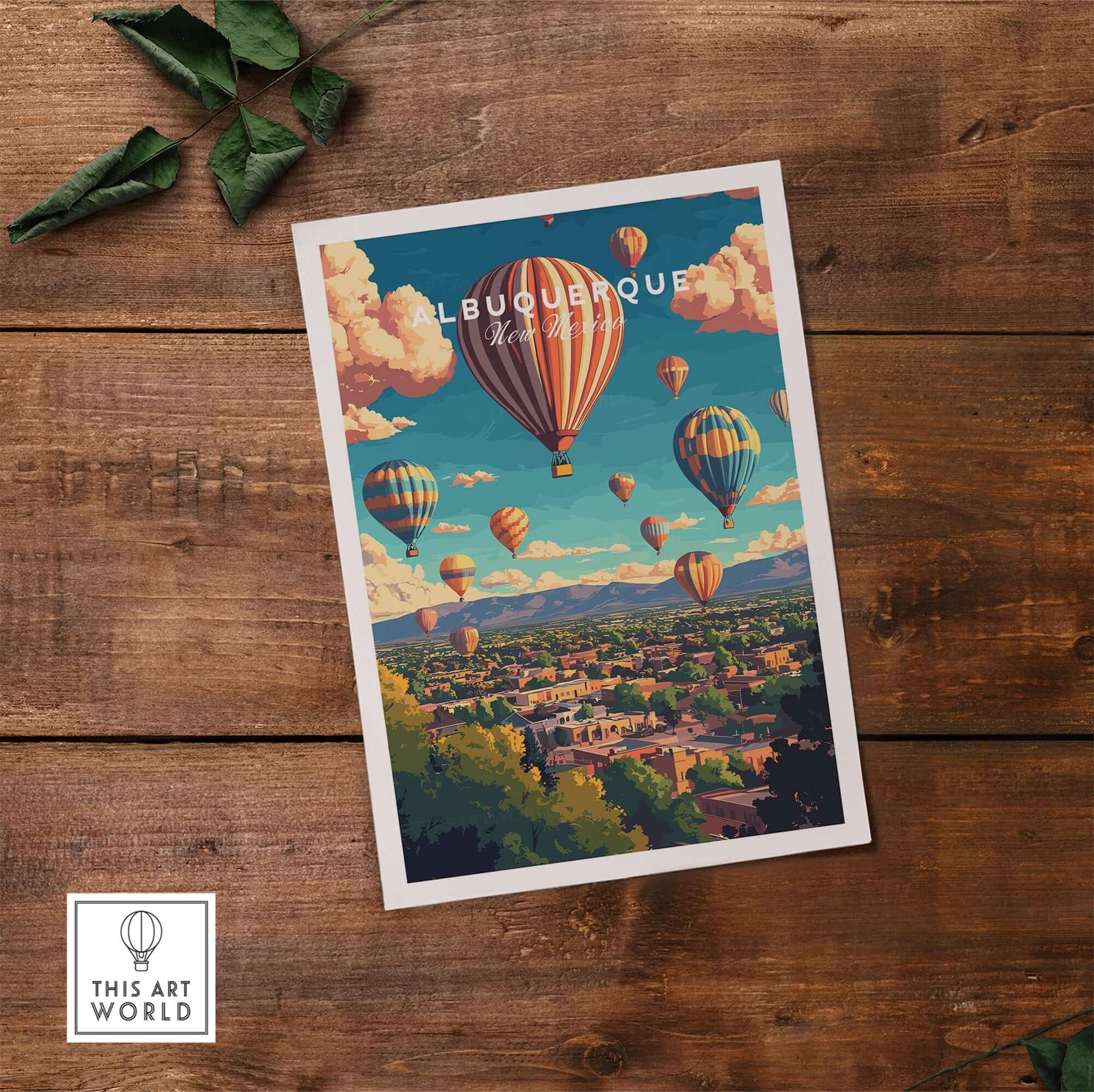 Albuquerque Wall Art Poster featuring colorful hot air balloons over the city, perfect for home decor.
