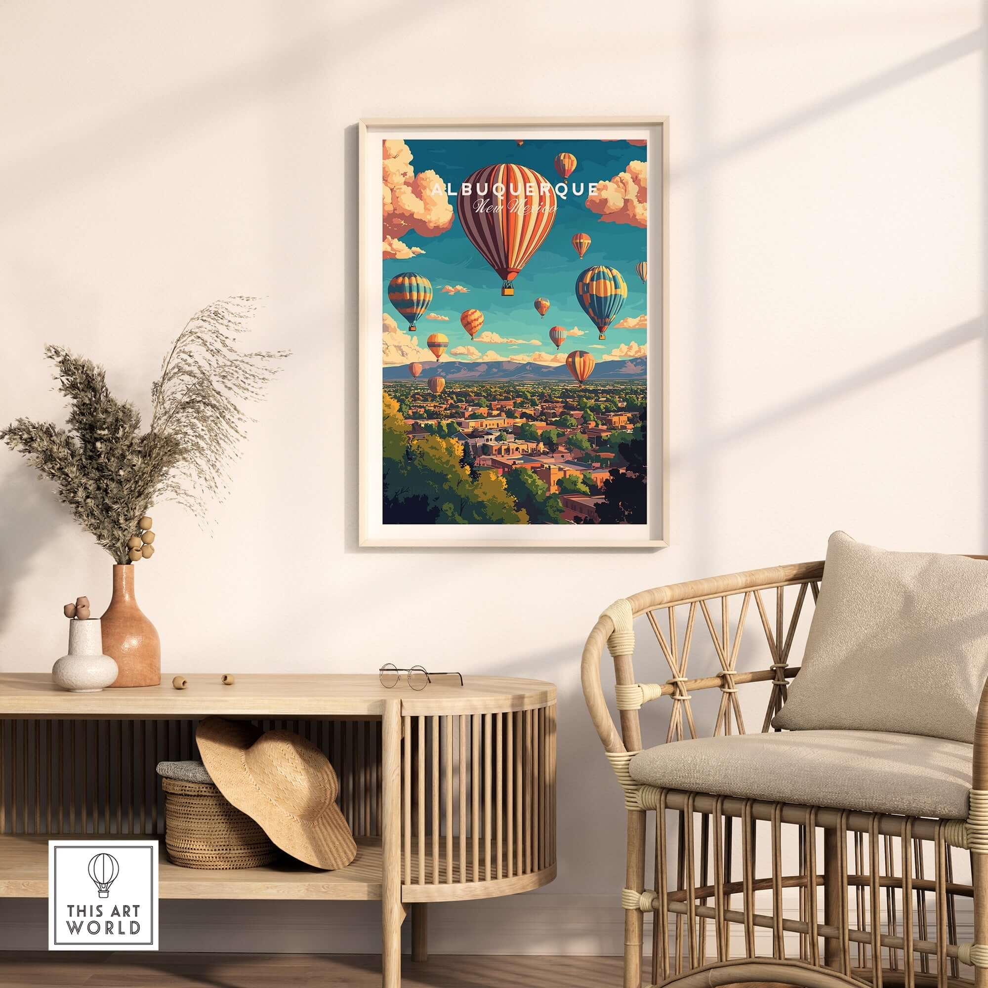 Albuquerque Wall Art Poster showcasing vibrant hot air balloons over a scenic view of Albuquerque, perfect for home decor.