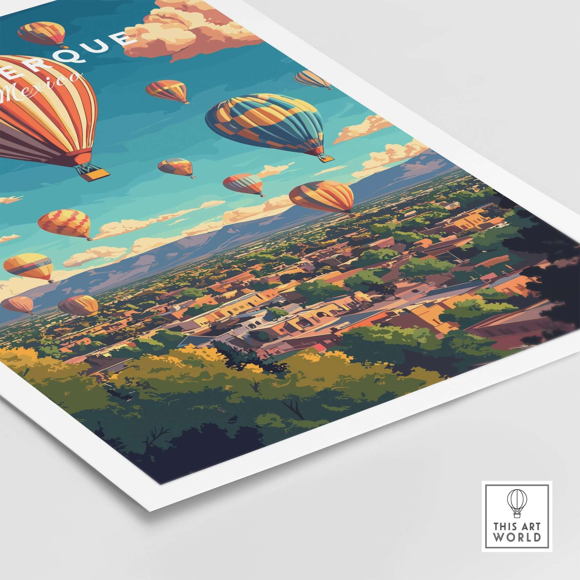 Albuquerque Wall Art Poster featuring colorful hot air balloons over the city skyline, perfect for home decor.