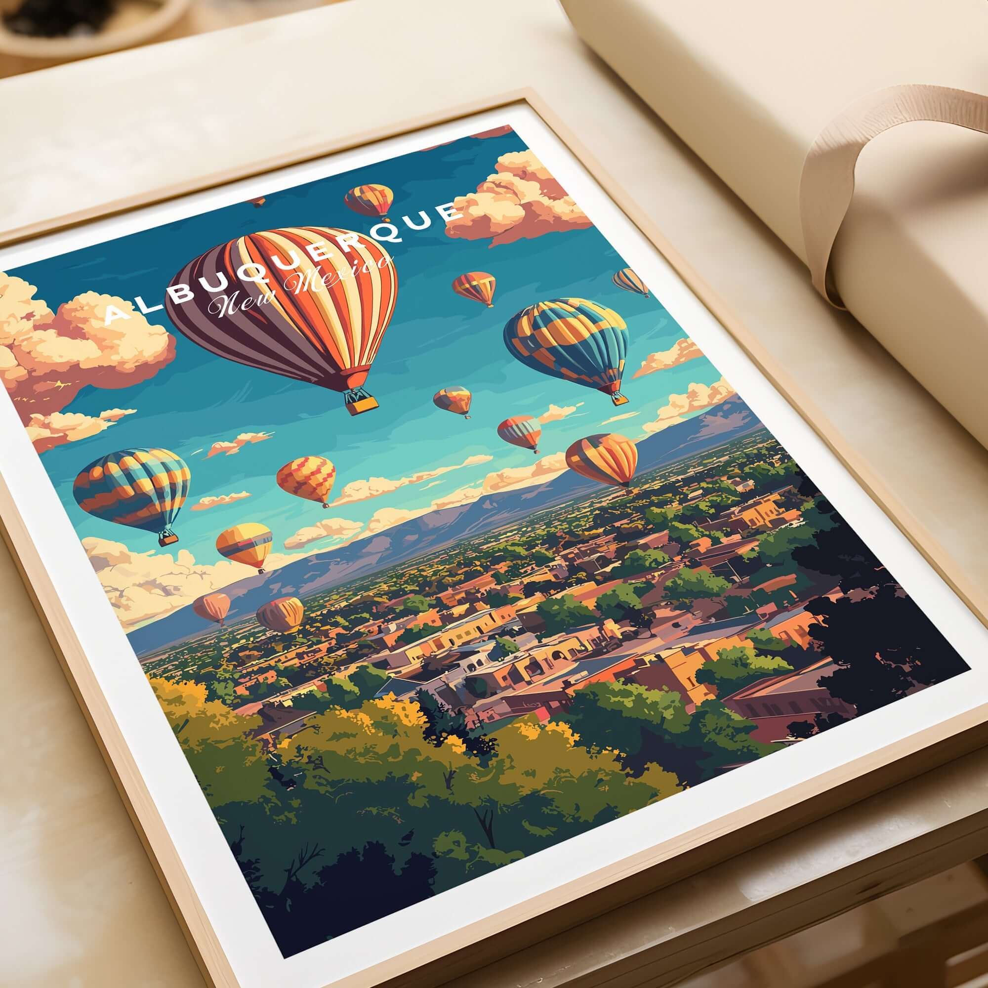 Albuquerque Wall Art Poster featuring colorful hot air balloons over the city landscape
