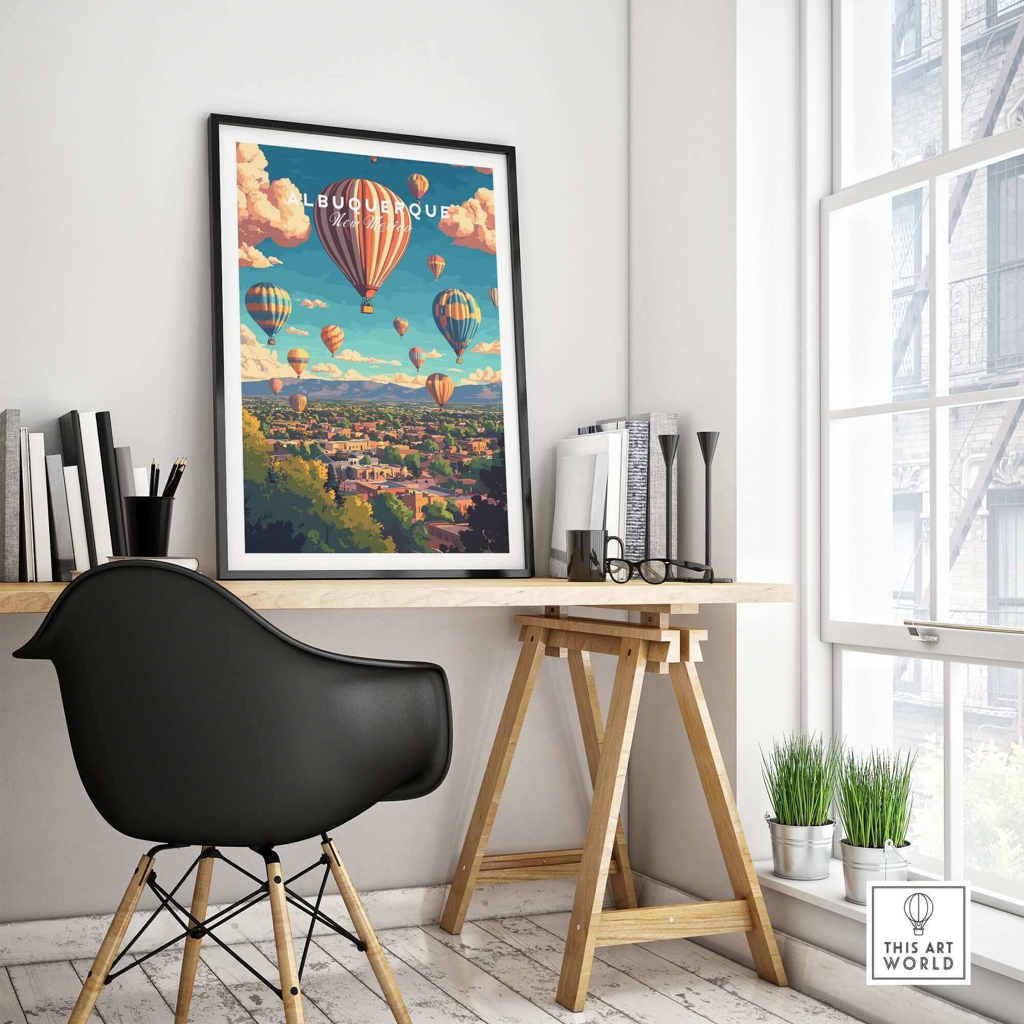 Albuquerque Wall Art Poster showcasing colorful hot air balloons over the city, perfect for home or office decor.