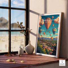 Albuquerque Wall Art Poster featuring colorful hot air balloons and city view displayed in a sunlit room.