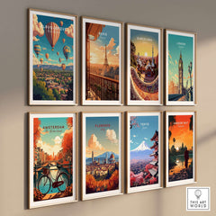 Albuquerque Wall Art Poster displayed among various city posters, showcasing vibrant travel-themed wall art.