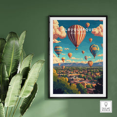 Albuquerque Wall Art Poster featuring colorful hot air balloons over the city landscape in a stylish frame.