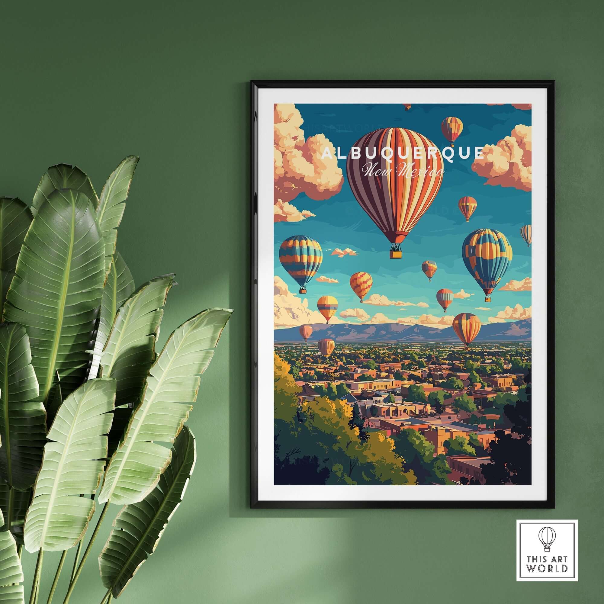 Albuquerque Wall Art Poster featuring colorful hot air balloons over the city landscape in a stylish frame.