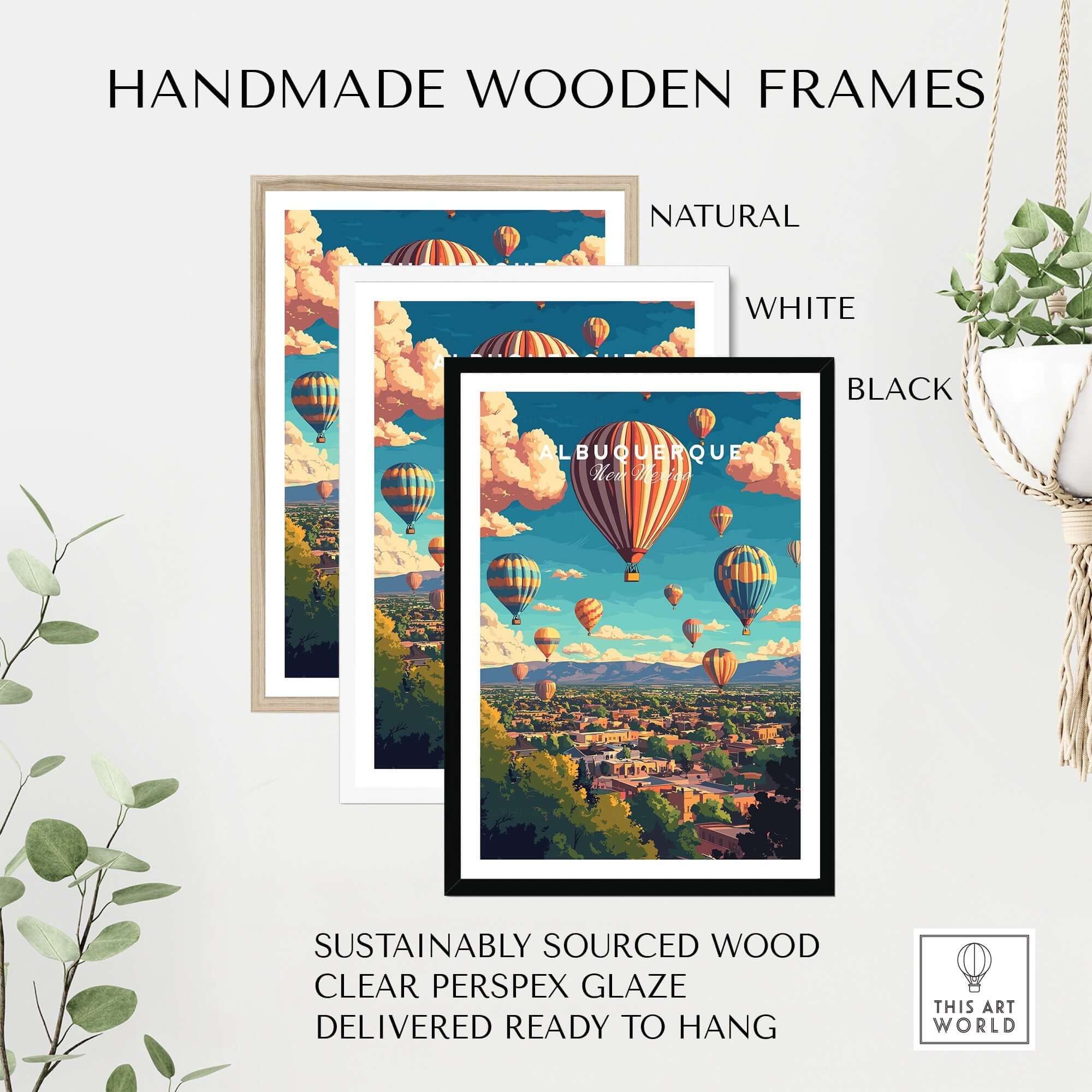 Albuquerque Wall Art Poster displayed in handmade wooden frames, featuring natural, white, and black options.