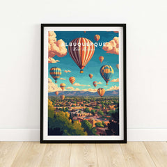 Albuquerque Wall Art Poster featuring colorful hot air balloons over the city skyline, perfect for home decor.