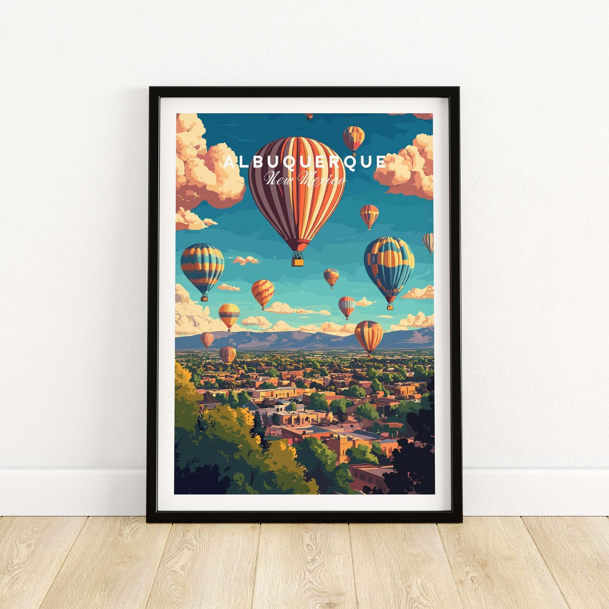 Albuquerque Wall Art Poster featuring colorful hot air balloons over the city skyline, perfect for home decor.