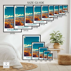 Size guide for Albuquerque Wall Art Print in various frame sizes showcasing Albuquerque landscapes.