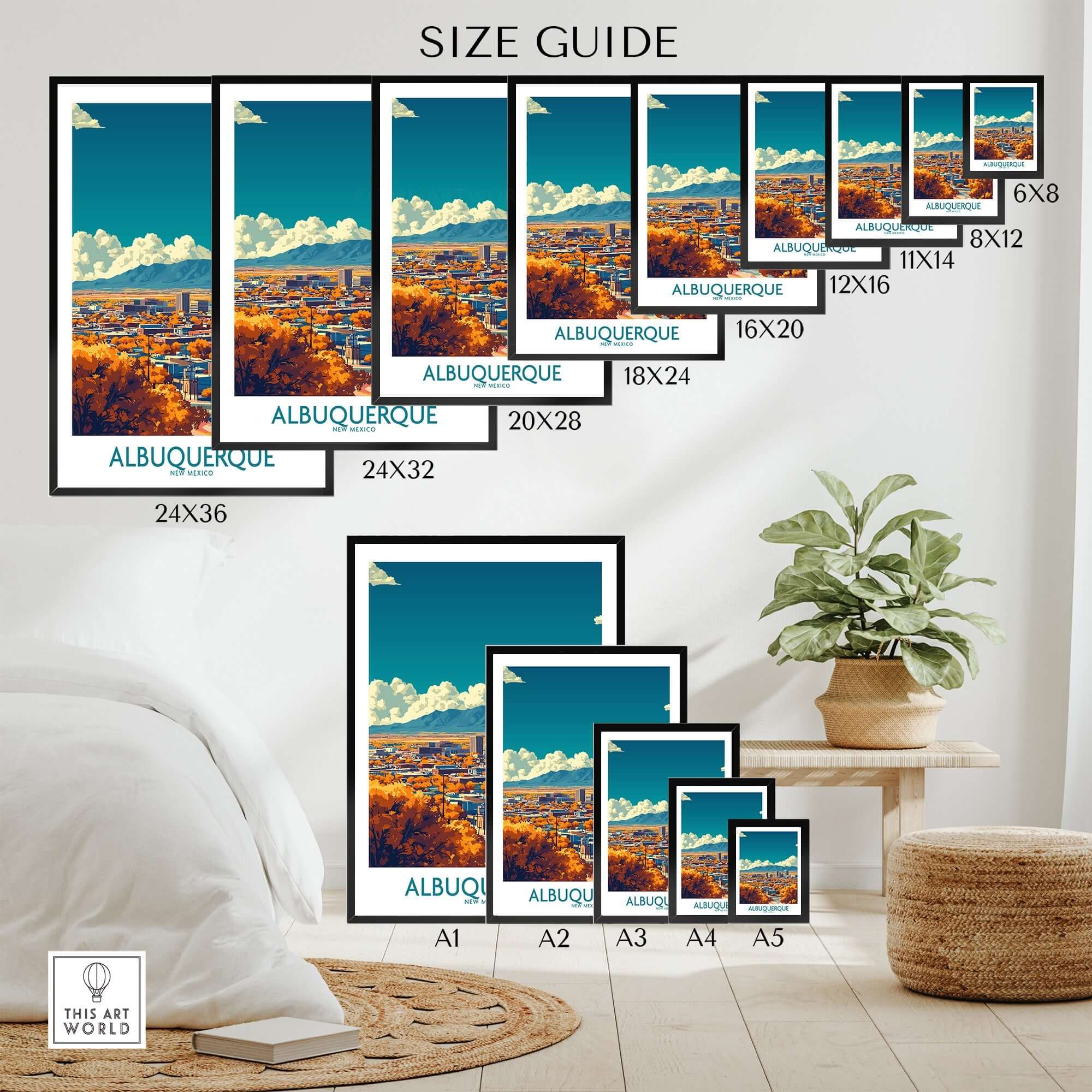 Size guide for Albuquerque Wall Art Print in various frame sizes showcasing Albuquerque landscapes.