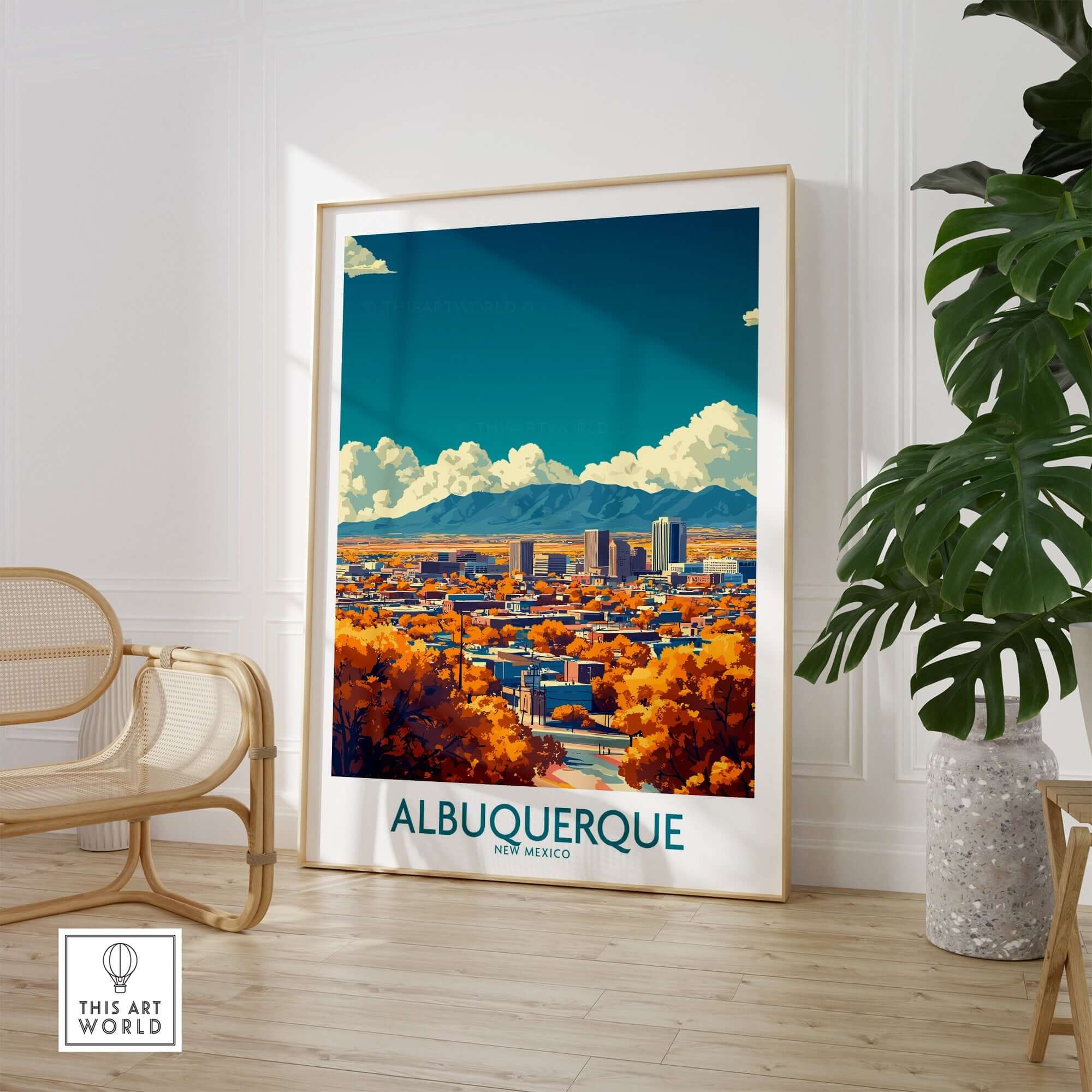 Albuquerque Wall Art Print showcasing the vibrant cityscape and culture in a stylish room decor.