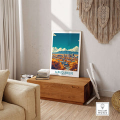 Albuquerque Wall Art Print displayed in a living room, showcasing the vibrant cityscape of Albuquerque.