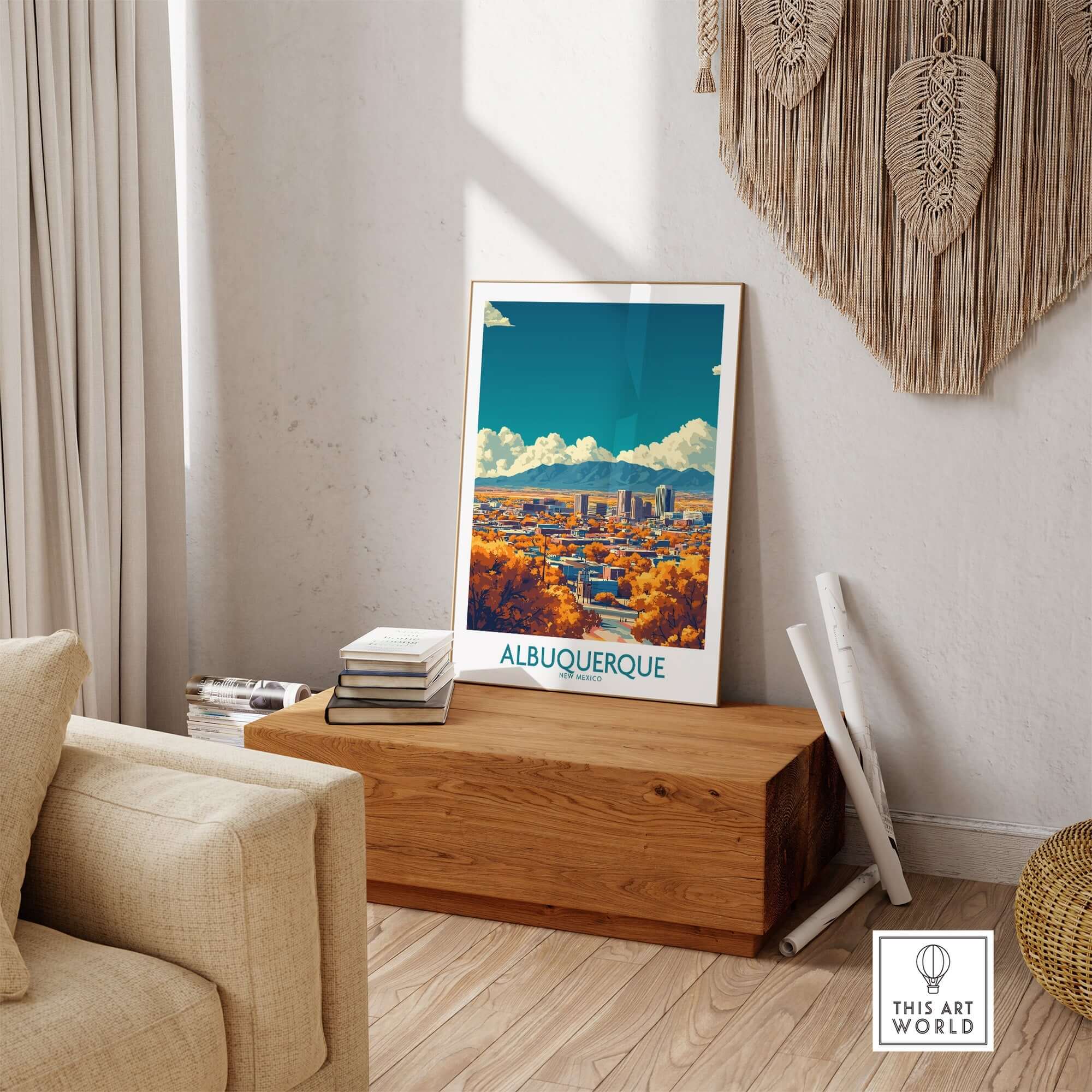 Albuquerque Wall Art Print displayed in a living room, showcasing the vibrant cityscape of Albuquerque.