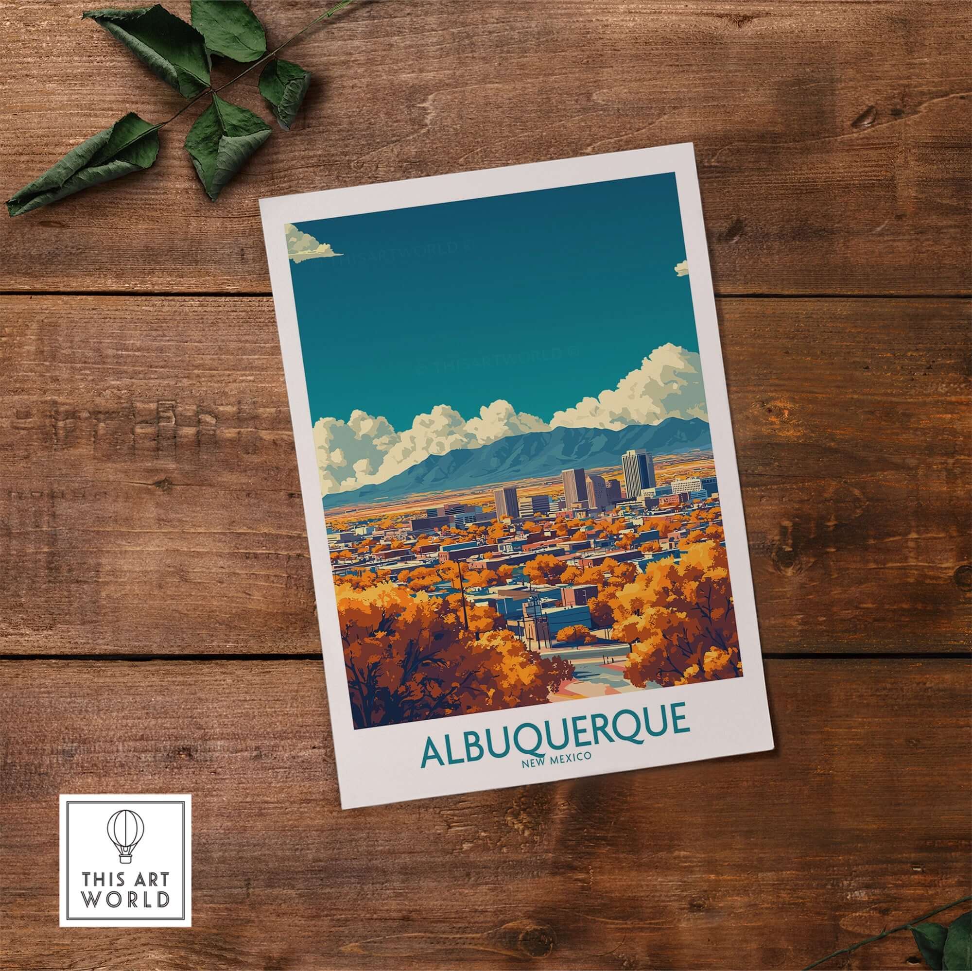 Albuquerque Wall Art Print showcasing the vibrant cityscape of Albuquerque, New Mexico, on a rustic wooden background.