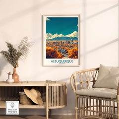 Albuquerque Wall Art Print displayed in a modern living room with natural decor and warm tones.