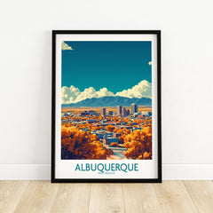 Albuquerque Wall Art Print showcasing a vibrant view of Albuquerque, New Mexico with autumn colors and mountains.