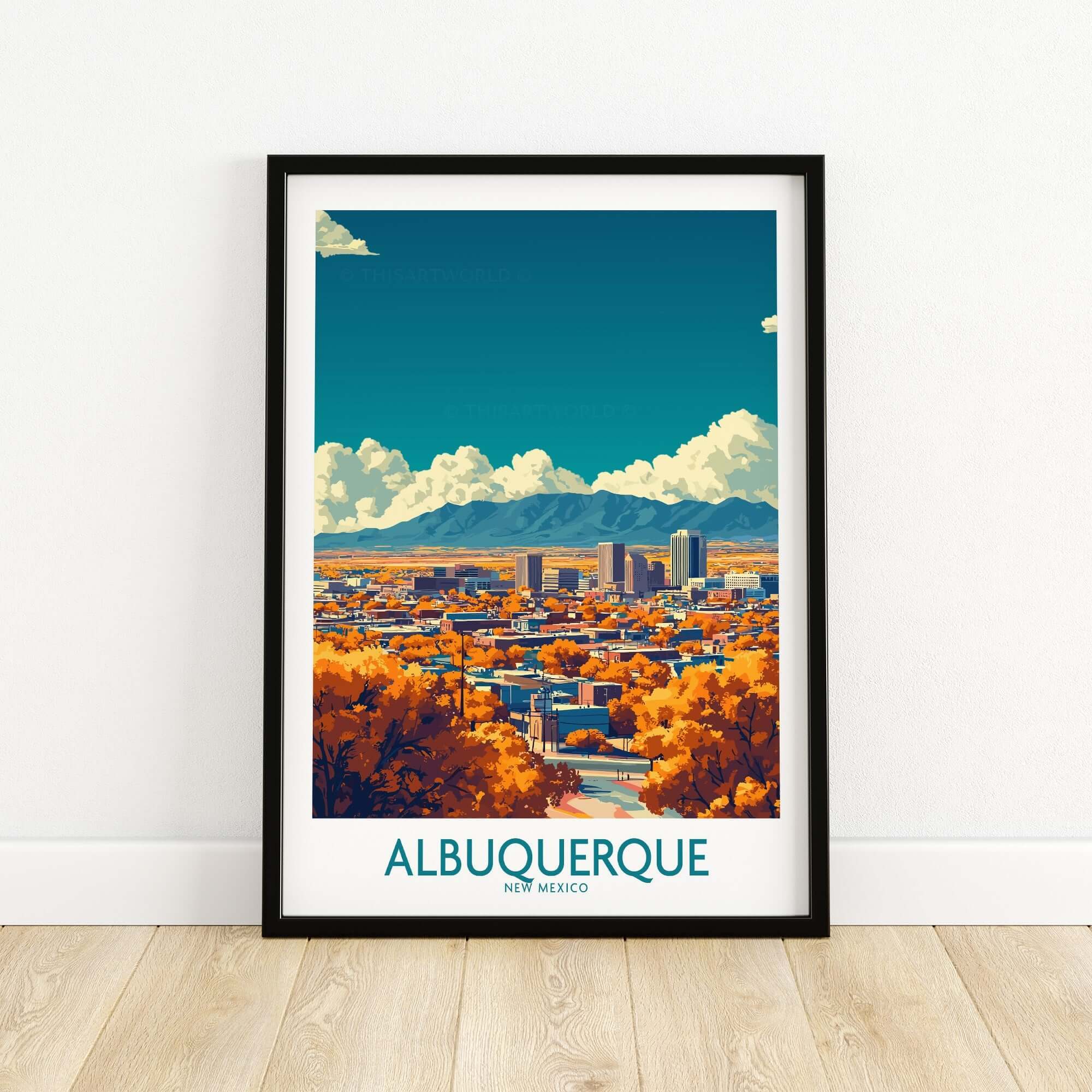 Albuquerque Wall Art Print showcasing a vibrant view of Albuquerque, New Mexico with autumn colors and mountains.
