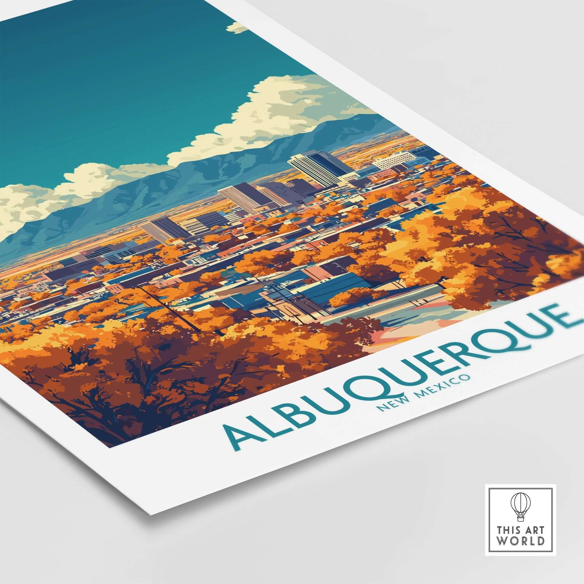Albuquerque Wall Art Print showcasing vibrant colors and a beautiful cityscape of Albuquerque, New Mexico.