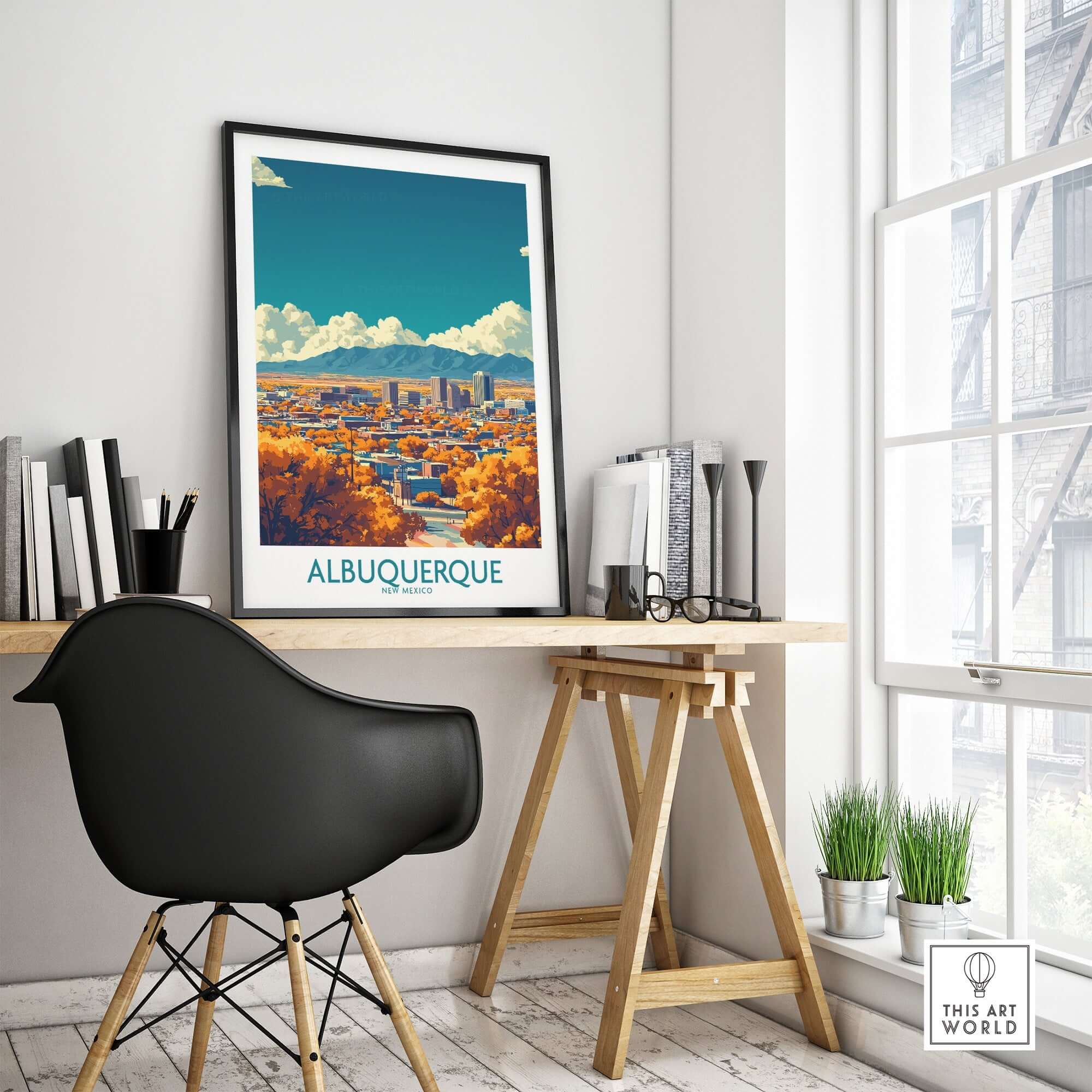 Albuquerque Wall Art Print displayed in a modern office space with a black chair and wooden desk.