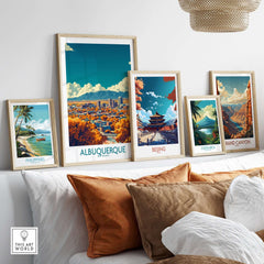 Albuquerque Wall Art Print displayed among other travel-themed artwork on a stylish couch.