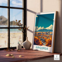 Albuquerque Wall Art Print displayed on a wooden table near a window, showcasing vibrant colors and cityscape.