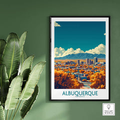 Albuquerque Wall Art Print showcasing a vibrant cityscape of Albuquerque, New Mexico, framed and displayed with greenery.