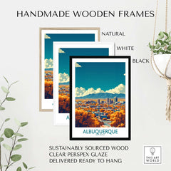 Albuquerque Wall Art Print displayed in handmade wooden frames in natural, white, and black colors.