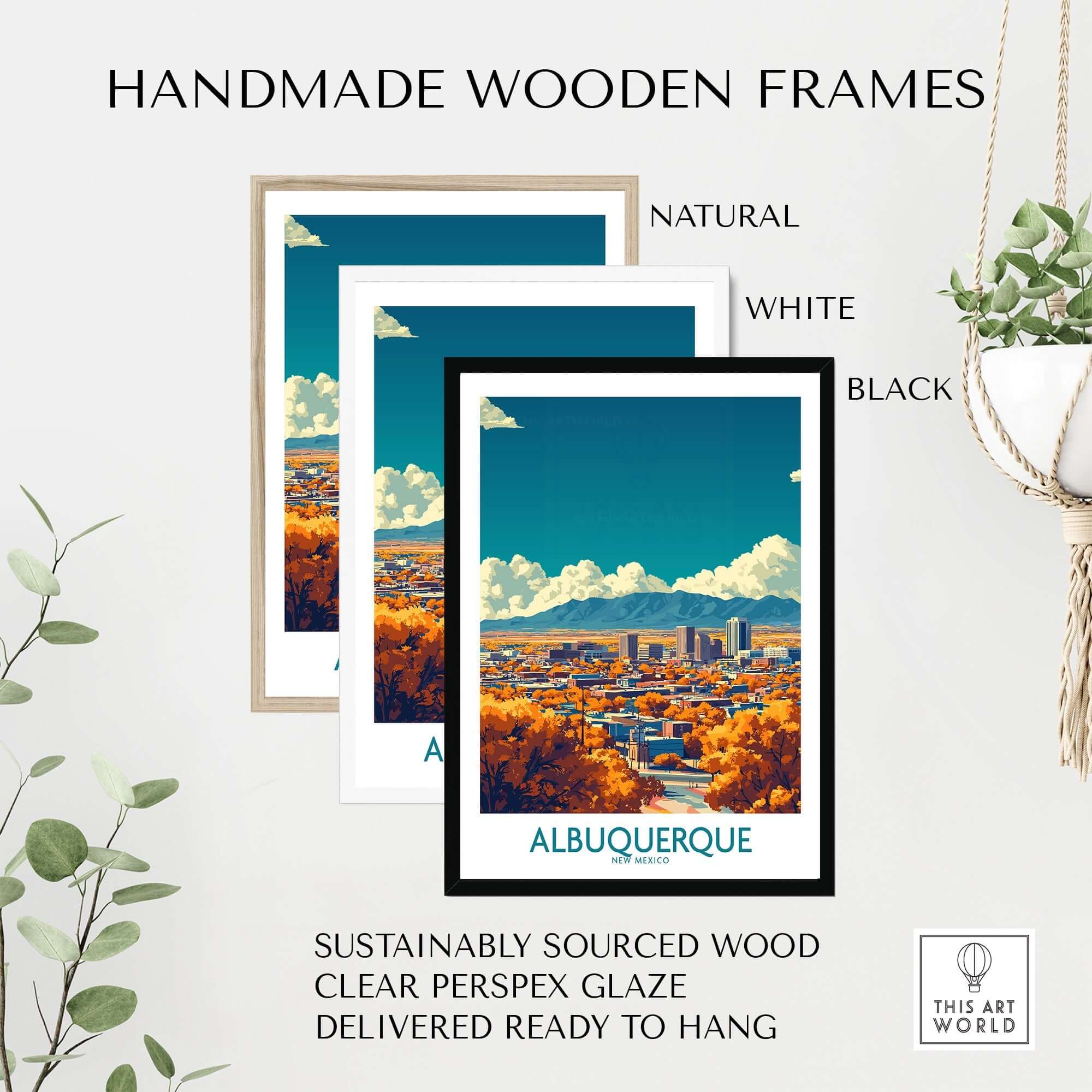 Albuquerque Wall Art Print displayed in handmade wooden frames in natural, white, and black colors.