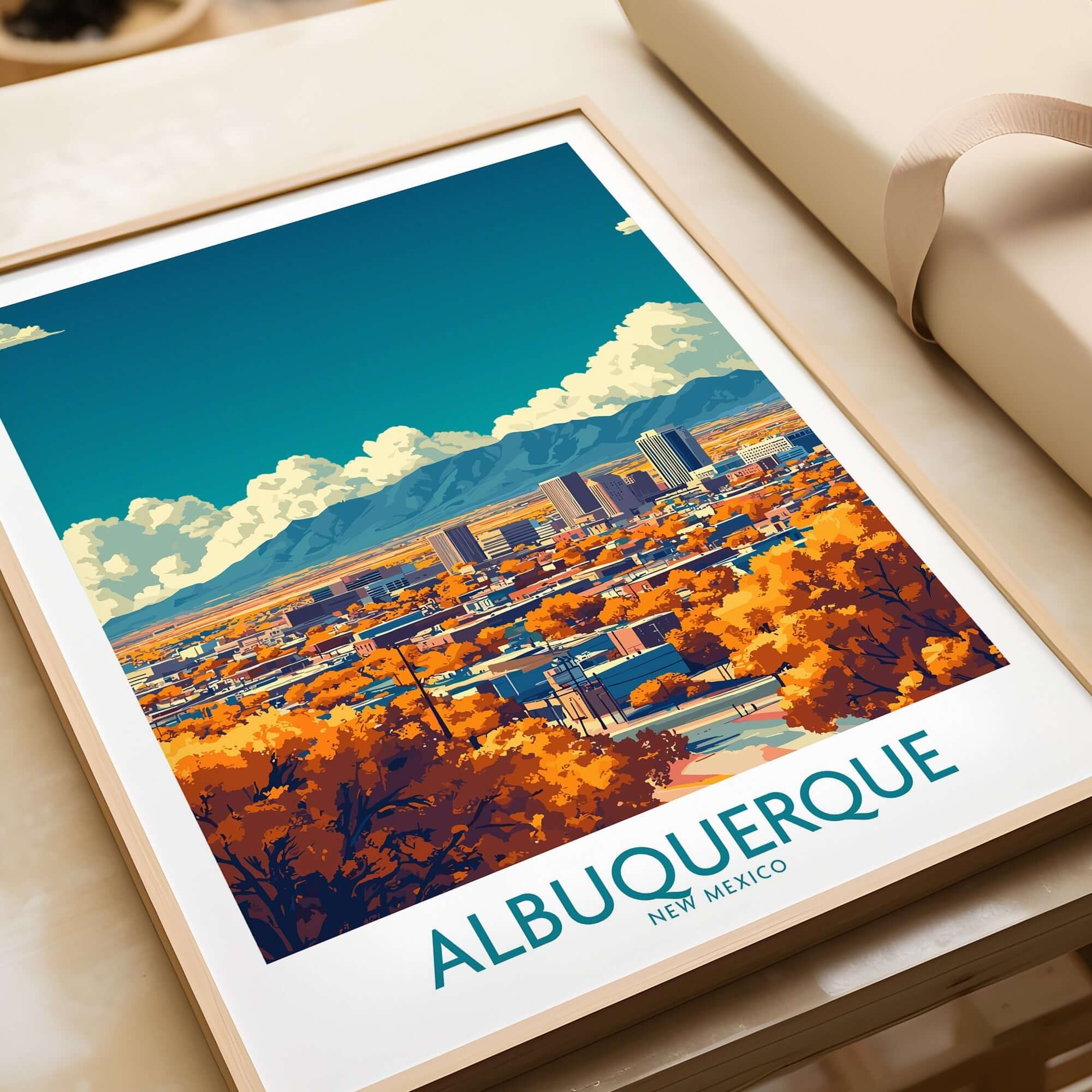 Albuquerque Wall Art Print featuring a vibrant depiction of the cityscape and mountains in New Mexico.